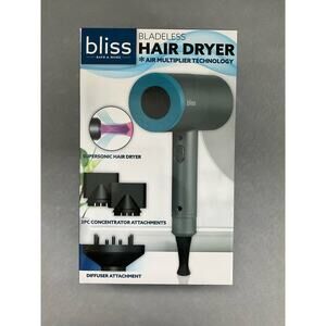 BLISS BLADELESS SUPERSONIC HAIR DRYER w/ATTACHMENTS 3 HEAT 2 SPEED NWT